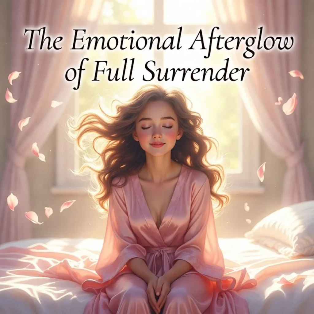 Serene feminine figure with long flowing hair in a soft pink silk robe, sitting peacefully on bed with eyes closed and gentle smile, surrounded by floating rose petals and warm sunlight, representing the emotional afterglow of full surrender