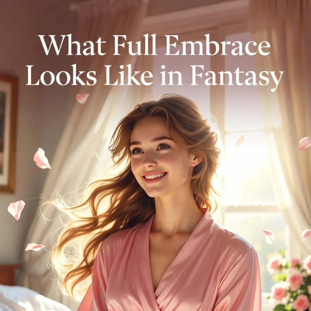 Happy feminine figure with long flowing hair in a soft pink robe, smiling joyfully with eyes looking forward, surrounded by floating rose petals and warm sunlight, with text "What Full Embrace Looks Like in Fantasy