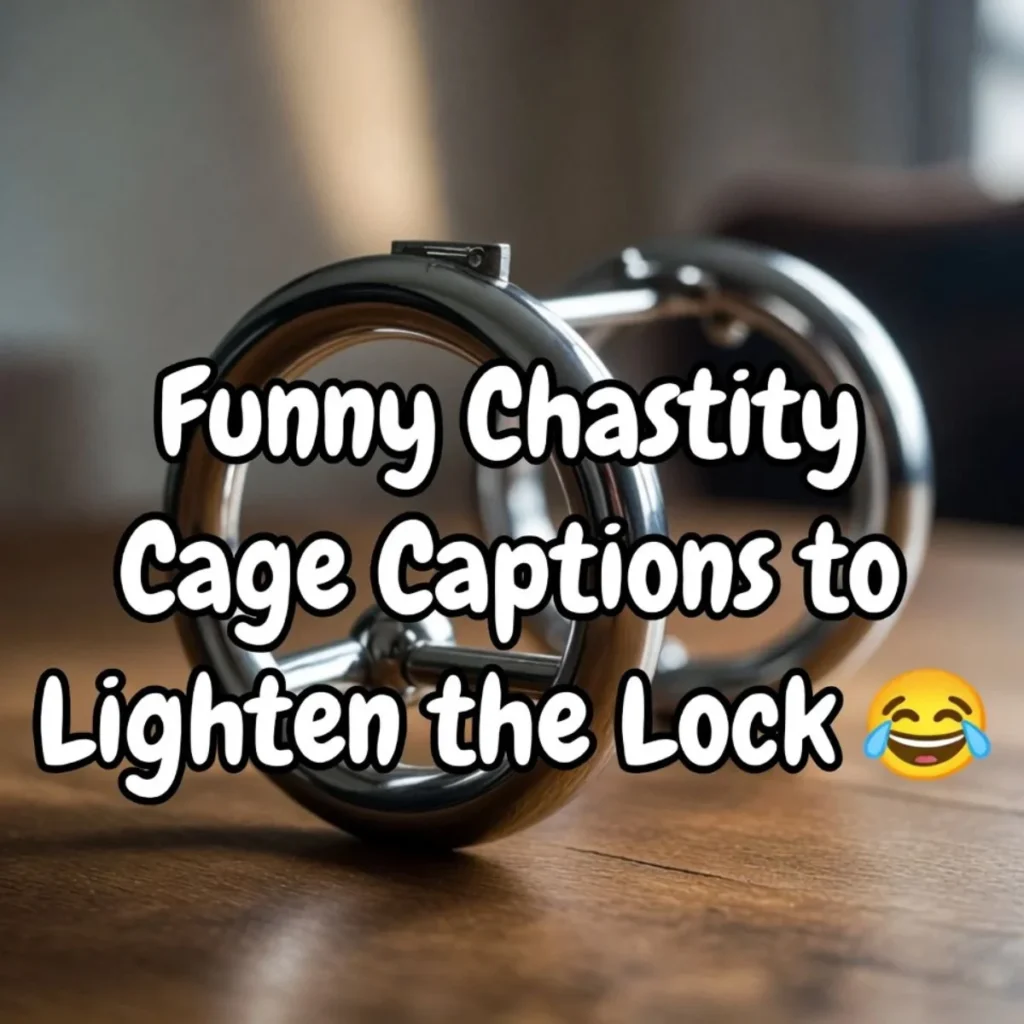 Funny chastity cage caption image with metal ring device on wooden surface and playful text overlay
