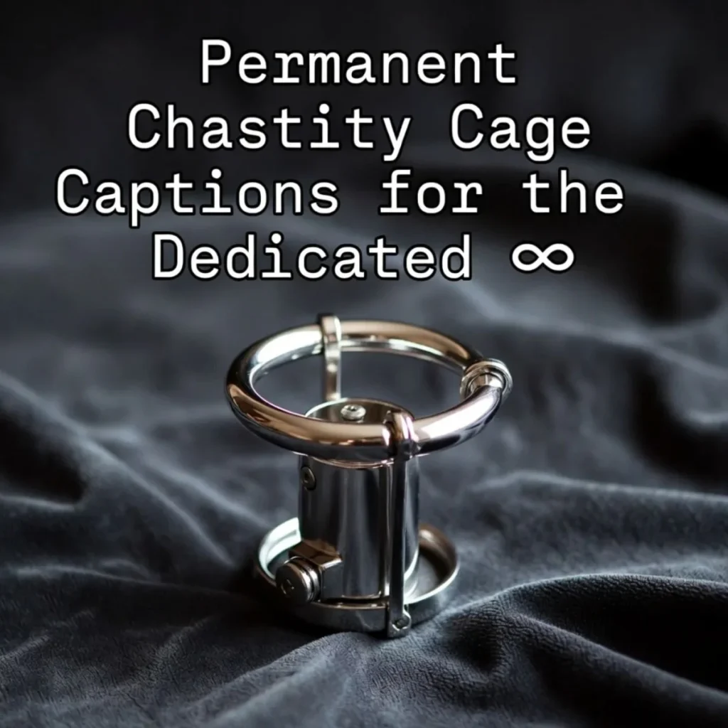 Permanent chastity cage device on dark fabric with soft lighting and text about devotion and long-term commitment