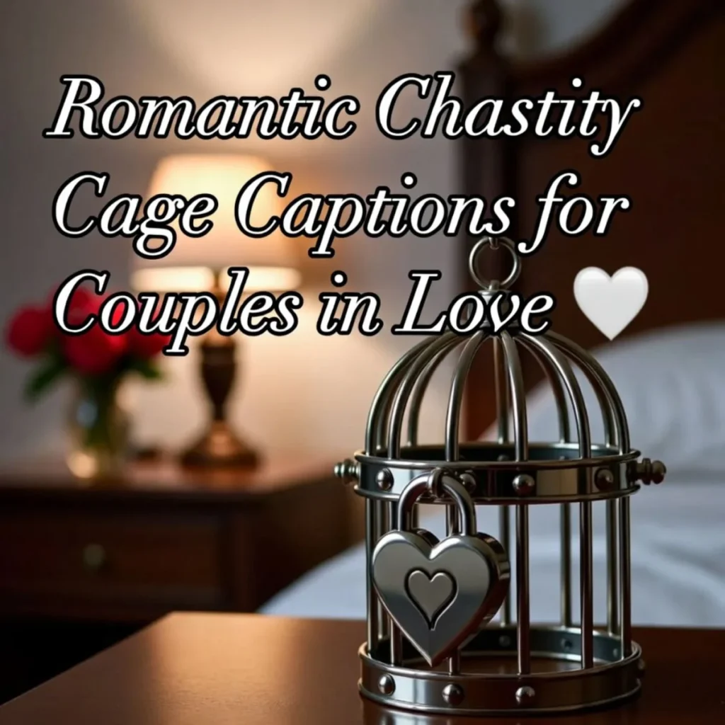 Romantic chastity cage with heart lock on bedside table with soft lighting for couples love captions