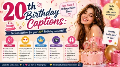 20th birthday captions graphic with fun, cute, confident, and unforgettable birthday ideas