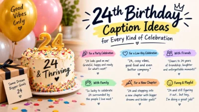 24th birthday caption ideas with a festive cake, balloons, and celebration themes for every kind of birthday