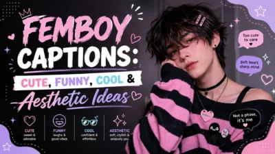 Femboy captions with cute, funny, cool and aesthetic ideas in a stylish social media graphic