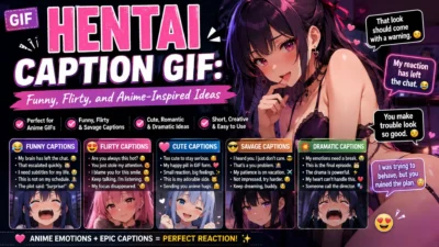 Hentai caption GIF graphic with anime character, funny flirty captions, reaction panels, and colorful meme ideas