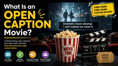 What is an open caption movie infographic showing visible captions, cinema seats, popcorn, and a clapperboard.
