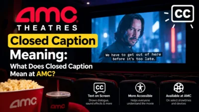 AMC closed caption meaning shown on a movie screen with CC subtitles in a theater
