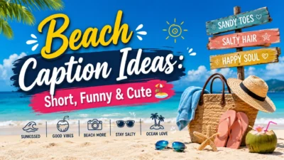Beach caption ideas with sunny beach, palm trees, sand, waves, and fun summer accessories