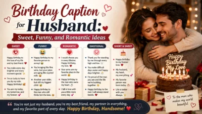 Birthday caption for husband graphic with romantic couple, cake, gifts, and sweet birthday wishes
