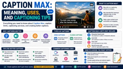 Caption Max infographic explaining caption meaning, uses, limits, and captioning tips