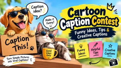 Cartoon caption contest with funny ideas, creative captions, and playful dog and cat characters