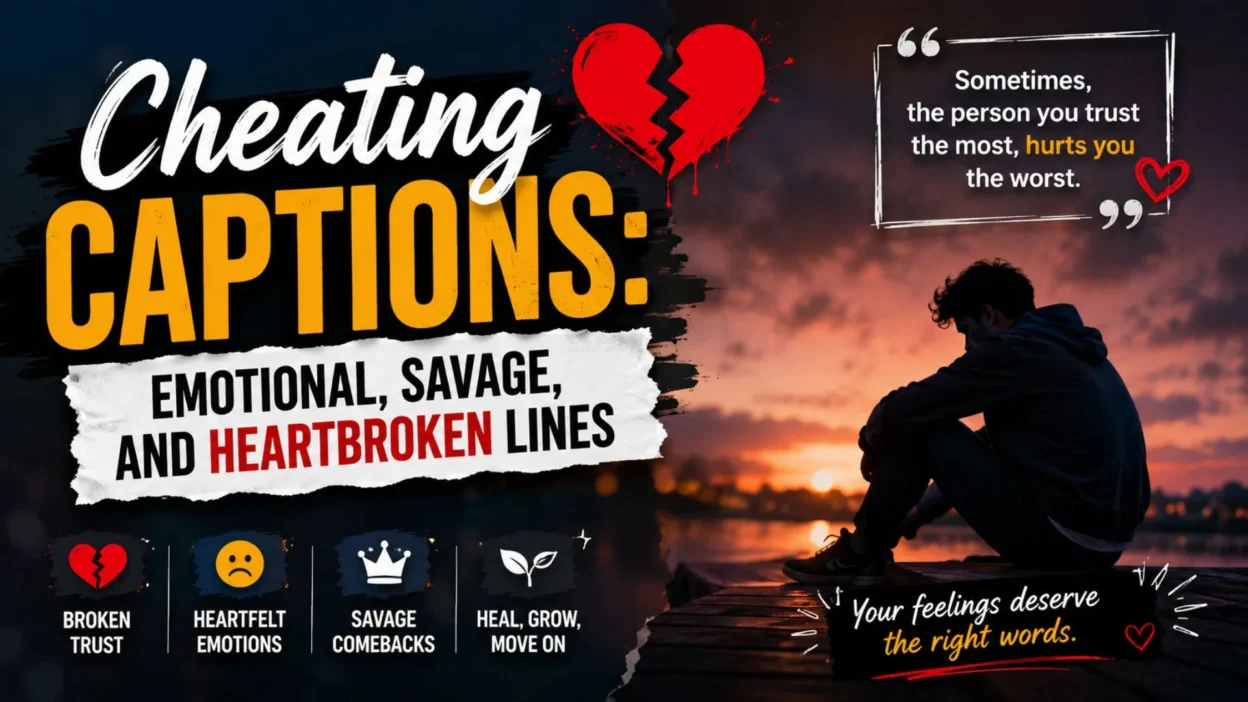 Cheating captions graphic with emotional, savage, and heartbroken lines about betrayal and moving on