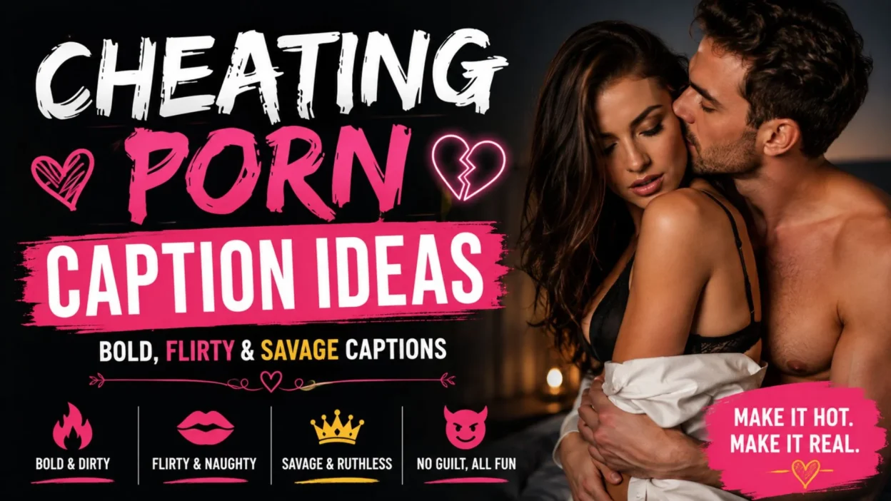 Cheating porn caption ideas graphic with a couple, bold pink typography, and flirty, savage caption themes.