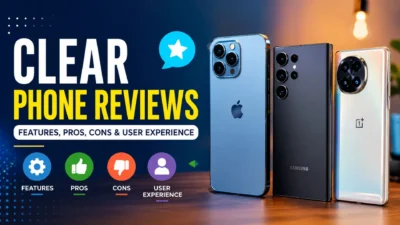 Clear caption phone reviews showing smartphone features, pros, cons, and user experience