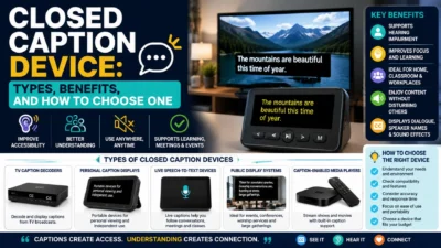 Closed caption device infographic showing types, benefits, and tips for choosing a captioning device