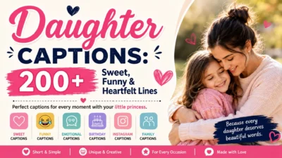 Daughter captions graphic with sweet, funny, and heartfelt lines, featuring a mother hugging her smiling daughter.