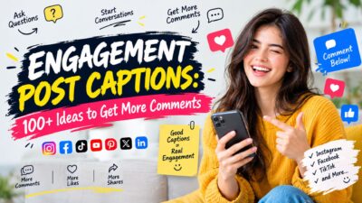 Engagement post captions graphic with social media icons, comment prompts, and ideas to boost engagement