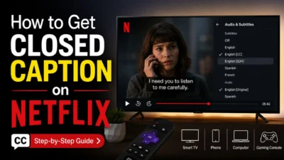 Netflix closed caption settings showing English CC and SDH options on a TV screen.