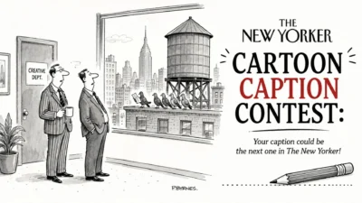 New Yorker cartoon caption contest illustration with office workers, pigeons, and a creative rooftop scene