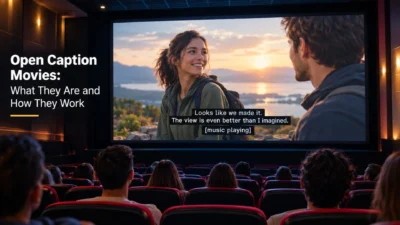 Open caption movie theater showing subtitles on a large cinema screen