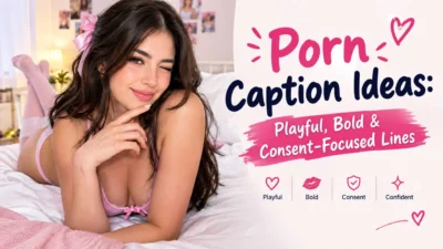 Playful porn caption ideas graphic with a confident woman in pink and consent-focused messaging