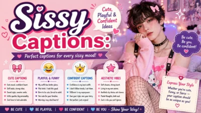 Sissy captions with cute, playful, confident, and aesthetic ideas in a colorful social media graphic