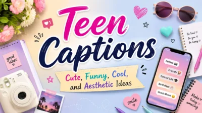 Teen captions graphic with cute, funny, cool, and aesthetic Instagram caption ideas