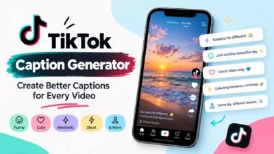 TikTok caption generator with creative caption ideas displayed beside a smartphone video