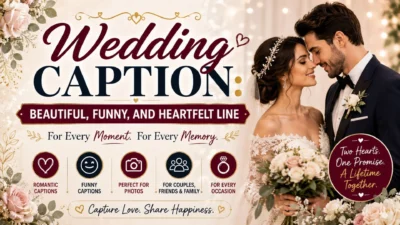 Wedding caption graphic with romantic, funny, and heartfelt lines for couples, friends, and family
