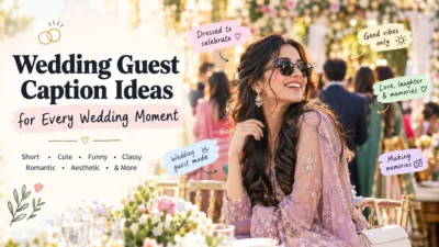 Wedding guest caption ideas with a stylish guest at a colorful wedding celebration