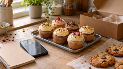 Cupcakes, cookies and a smartphone on a home bakery worktop